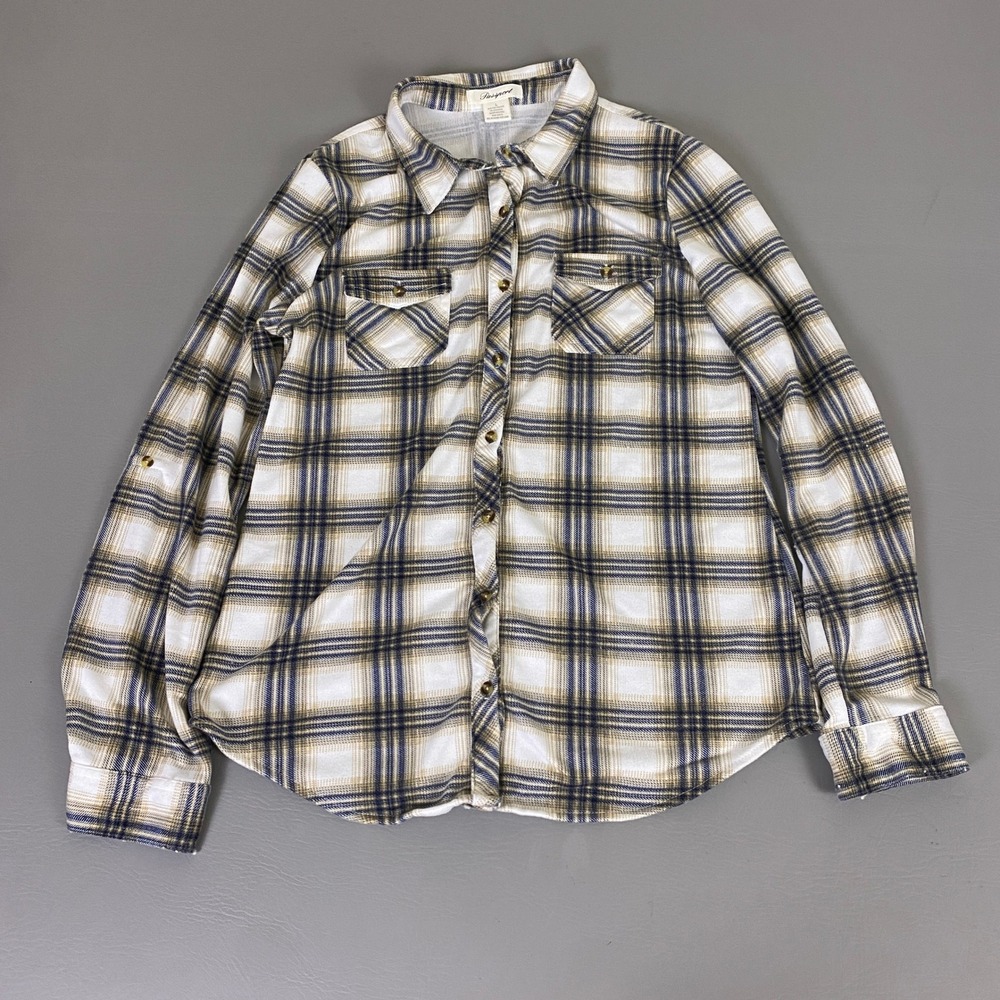 Passport Flannel Shirt Women's Large Plaid Button Down‎ Large White Navy Tan